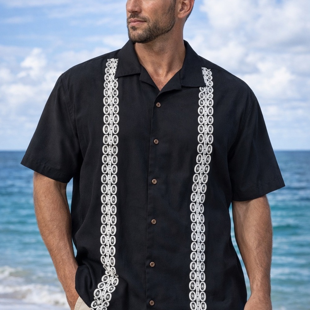 Island Republic Black Shirt with White Embroidery 100% Silk XL Cuban Guayabera